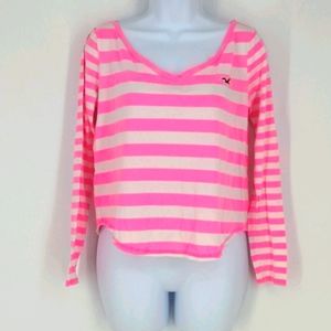 Hollister Hot Pink White Blanca Stripe Horizontal Long Sleeve Shirt Small Y2K